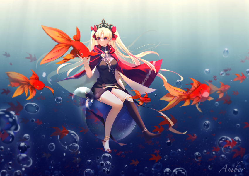 1girl amberdl animal anklet artist_name asymmetrical_legwear between_breasts black_dress blonde_hair breasts bubble bubble_background cape cloak dress ereshkigal_(fate) fate/grand_order fate_(series) fish fish_background floating_hair goldfish hair_ribbon highres holding holding_animal holding_fish jewelry long_hair red_cape red_cloak red_eyes red_ribbon ribbon short_dress sitting solo strap strap_between_breasts tiara twintails two_side_up uneven_legwear very_long_hair