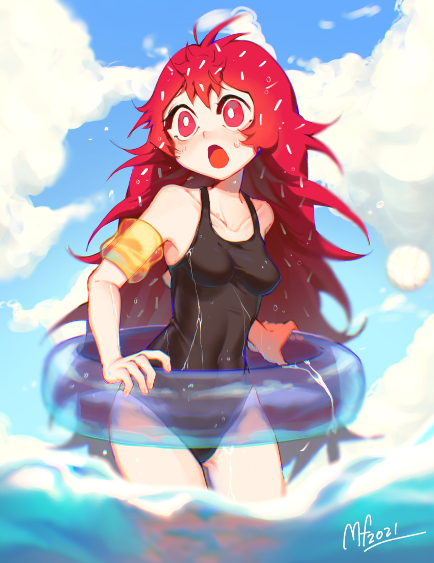 1girl bangs black_swimsuit blue_sky blush breasts bright_pupils cloud cloudy_sky covered_navel cowboy_shot dated flaky_(happy_tree_friends) happy_tree_friends highres innertube long_hair mary_felizola medium_breasts one-piece_swimsuit open_mouth personification red_eyes red_hair signature sky solo swimsuit very_long_hair water white_pupils