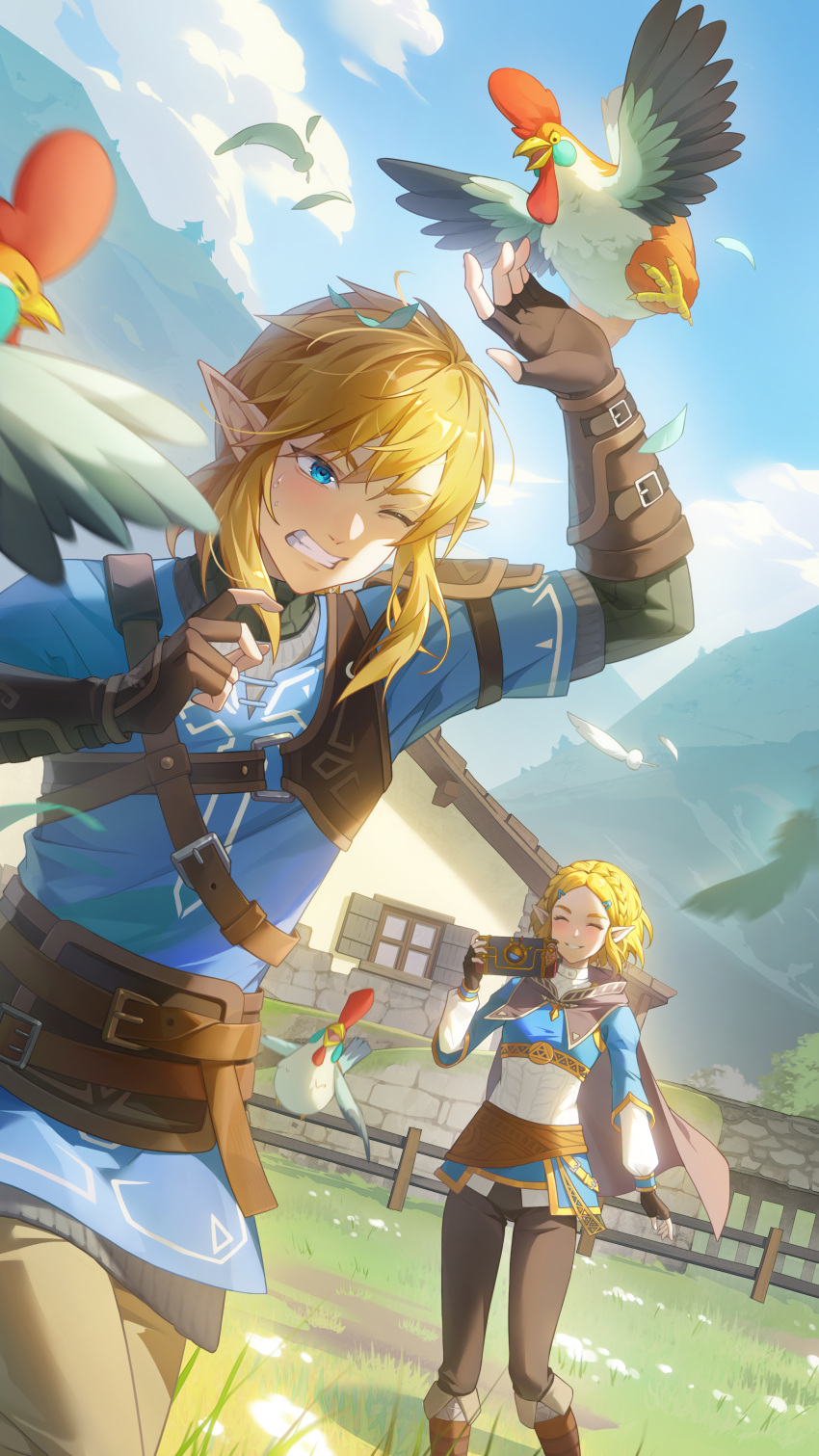 1boy 1girl absurdres bird blonde_hair blue_eyes blue_sky blue_tunic braid brown_capelet brown_gloves building capelet champion's_tunic_(zelda) chicken clenched_teeth cloud crown_braid falling_feathers fence fingerless_gloves gloves hair_ornament hairclip highres hood hood_down hooded_capelet link mountainous_horizon one_eye_closed outdoors parted_bangs parted_lips pointy_ears princess_zelda purah_pad shibaziliangliang short_hair sidelocks sky smile teeth the_legend_of_zelda the_legend_of_zelda:_tears_of_the_kingdom wooden_fence