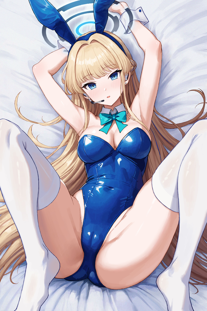 1girl absurdres animal_ears arms_up bed_sheet blonde_hair blue_archive blue_bow blue_bowtie blue_eyes blue_halo blue_leotard bow bowtie braid breasts closed_mouth commentary_request covered_navel detached_collar earrings fake_animal_ears french_braid groin halo highres jewelry large_breasts legs_up leotard long_hair looking_at_viewer m_legs official_alternate_costume official_alternate_hairstyle on_bed playboy_bunny rabbit_ears raiden_(kdsn3783) solo strapless strapless_leotard stud_earrings thighhighs toki_(blue_archive) toki_(bunny)_(blue_archive) white_thighhighs