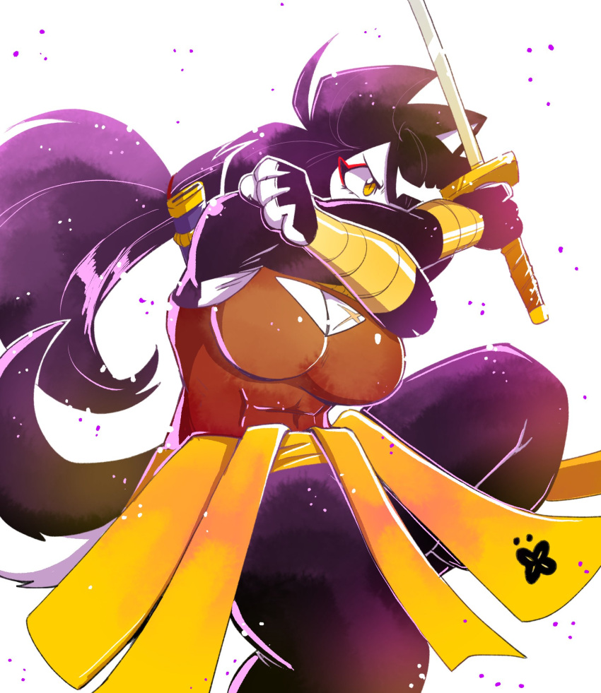 2024 4_fingers abs action_pose anaugi anthro arm_wraps big_breasts black_body black_fur black_hair breasts canid canine canis cleavage cleavage_cutout clothed clothing crossed_arms domestic_dog eyeliner female fingers fur hachimitsu hair hair_over_eye hi_res holding_object holding_weapon katana long_hair makeup mammal melee_weapon muscular muscular_female one_eye_obstructed pose scar simple_background solo sword weapon white_background white_body white_fur wraps yellow_eyes