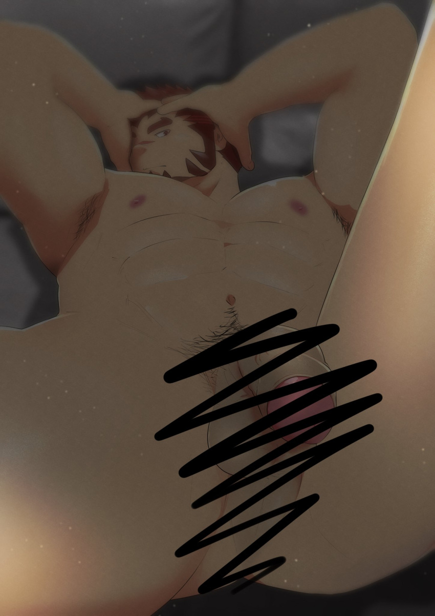 1boy akashi_(live_a_hero) armpit_hair armpit_hair_peek armpits bara completely_nude crotch dotsu_(wtnbkwiyd) facial_hair flaccid foreshortening from_below goatee hands_on_own_hips highres live_a_hero long_sideburns male_focus muscular muscular_male nude pectorals penis_focus perineum perspective red_eyes red_hair scar scar_on_face scar_on_nose scribble_censor short_hair sideburns solo sparse_navel_hair spread_legs thick_eyebrows