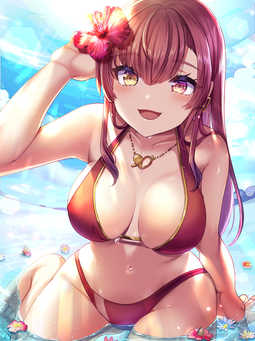 1girl absurdres bikini blush breasts flower hair_flower hair_ornament heterochromia highres hololive houshou_marine jewelry long_hair necklace petals red_hair rokico smile solo swimsuit virtual_youtuber