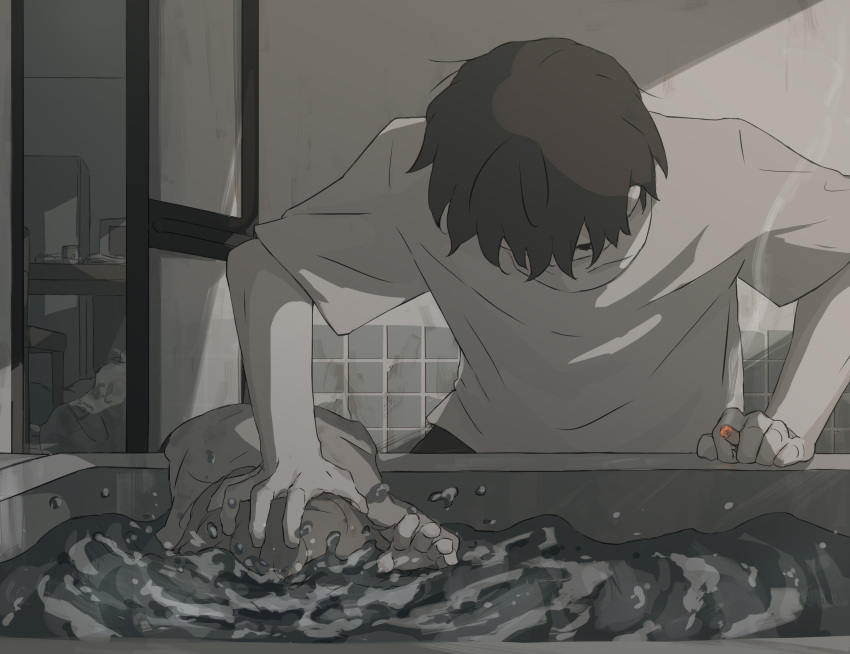2boys absurdres asphyxiation avogado6 child_abuse cigarette commentary dirty drowning highres holding holding_cigarette messy_room multiple_boys original shirt smoke