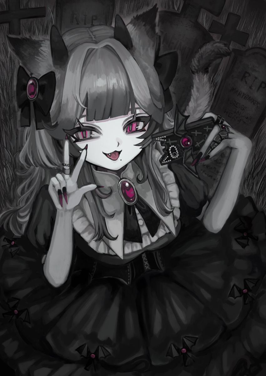 1girl :3 animal_ears bat_ornament bow brooch cat_ears cat_tail cellphone commentary cowboy_shot demon_horns dress english_commentary fang fingernails graveyard greyscale hair_bow hair_intakes hands_up highres holding holding_phone horns jewelry long_fingernails long_hair looking_at_viewer mole mole_under_mouth monochrome multiple_rings nail_polish open_mouth original ornate_ring outdoors phone puffy_short_sleeves puffy_sleeves purple_eyes purple_nails revision ring shiona_(siona0625) short_sleeves smartphone smile solo spot_color tail tombstone w