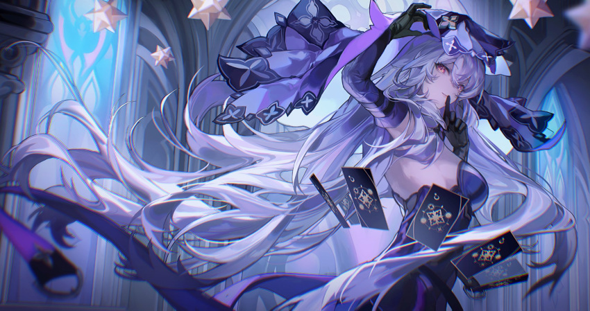 1girl armpits black_swan_(honkai:_star_rail) breasts closed_mouth detached_sleeves english_commentary highres honkai:_star_rail honkai_(series) long_hair looking_at_viewer medium_breasts purple_theme skin_tight solo tarot tarot_(card) to_e upper_body