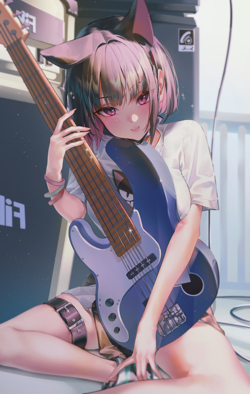 1girl absurdres animal_ears animal_print bass_guitar belt black_belt blue_archive blush breasts cat_ears cat_print closed_mouth colored_inner_hair dance_arm highres holding holding_bass holding_instrument instrument kazusa_(band)_(blue_archive) kazusa_(blue_archive) large_breasts looking_at_viewer medium_hair multicolored_hair pink_eyes pink_hair shirt short_sleeves sitting smile solo t-shirt thigh_belt thigh_strap thighs two-tone_hair white_shirt