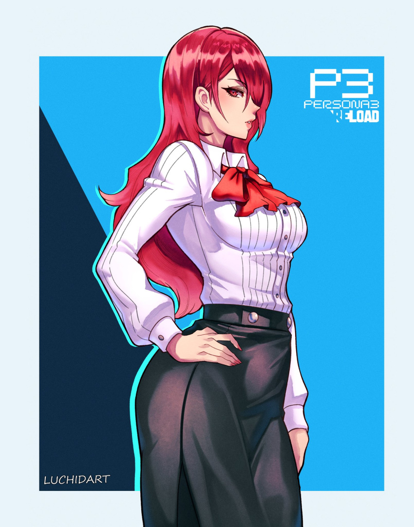 1girl bow breasts hair_over_one_eye hand_on_own_hip high-waist_skirt highres kirijou_mitsuru long_hair long_sleeves looking_at_viewer luchidart medium_breasts one_eye_covered parted_lips persona persona_3 persona_3_reload puffy_long_sleeves puffy_sleeves red_eyes red_hair ribbon school_uniform shirt skirt solo standing white_shirt