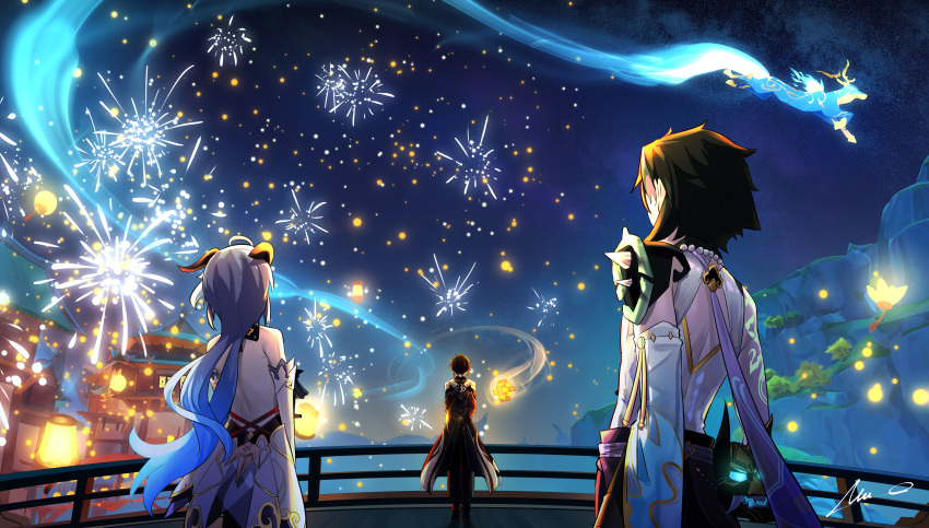 1girl 2boys absurdres ahoge architecture bare_back bead_necklace beads black_hair blue_hair bow bridge brown_coat building cloud cloudy_sky coat commentary_request deer detached_sleeves east_asian_architecture fireworks from_behind ganyu_(genshin_impact) genshin_impact hair_bow hair_ribbon highres horns jewelry lampion lantern lantern_festival long_hair long_sleeves looking_away low_ponytail multiple_boys necklace night night_sky overlord_(overlord80000) paper_lantern ribbon sky sky_lantern skybracer_(genshin_impact) star_(sky) starry_sky vision_(genshin_impact) xiao_(genshin_impact) zhongli_(genshin_impact)