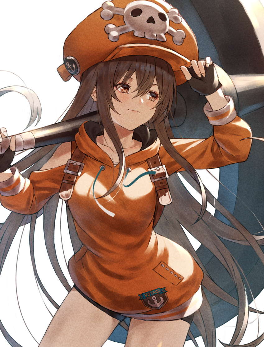 1girl anchor bike_shorts black_gloves black_shorts brown_eyes brown_hair closed_mouth fagi_(kakikaki) fingerless_gloves gloves guilty_gear hat_ornament highres holding holding_anchor hood hoodie long_hair may_(guilty_gear) orange_headwear orange_hoodie shorts skull_and_crossbones skull_hat_ornament solo white_background