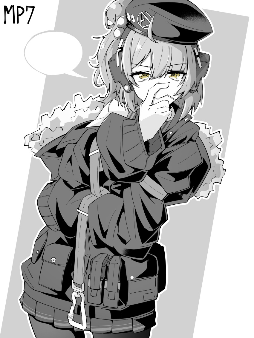 1girl absurdres ahoge beret candy character_name food food_in_mouth fur-trimmed_jacket fur_trim girls'_frontline hand_on_own_face hat headphones highres jacket lollipop looking_at_viewer minami_shin_(zenshuu_bougyo) monochrome mp7_(girls'_frontline) pantyhose short_hair smile solo speech_bubble straight-on yellow_eyes
