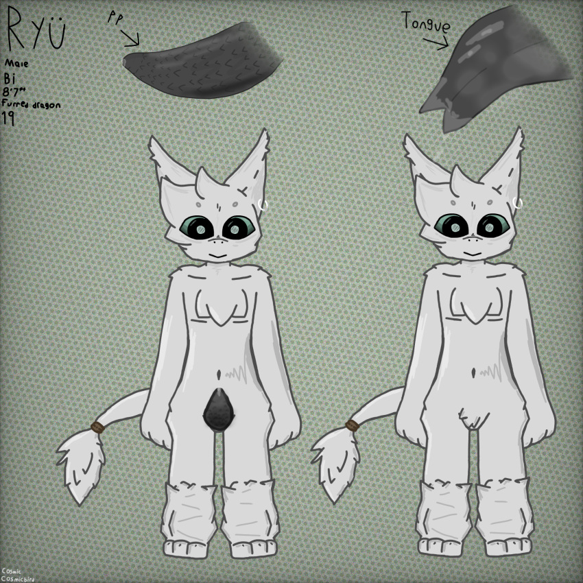 anthro black_penis black_tongue bodily_fluids cheek_tuft claws claws_out cosmic_bird crotch_fur dragon duo ear_piercing ears_up facial_tuft featureless_crotch fluffy fluffy_chest fluffy_legs fluffy_tail fur furred_dragon genital_fluids genitals green_background green_eyes head_tuft hi_res leaking_precum male navel paws penis piercing precum ring_piercing rope shaded simple_background simple_shading smile solo spiked_penis spikes spikes_(anatomy) tail text tongue tuft watermark