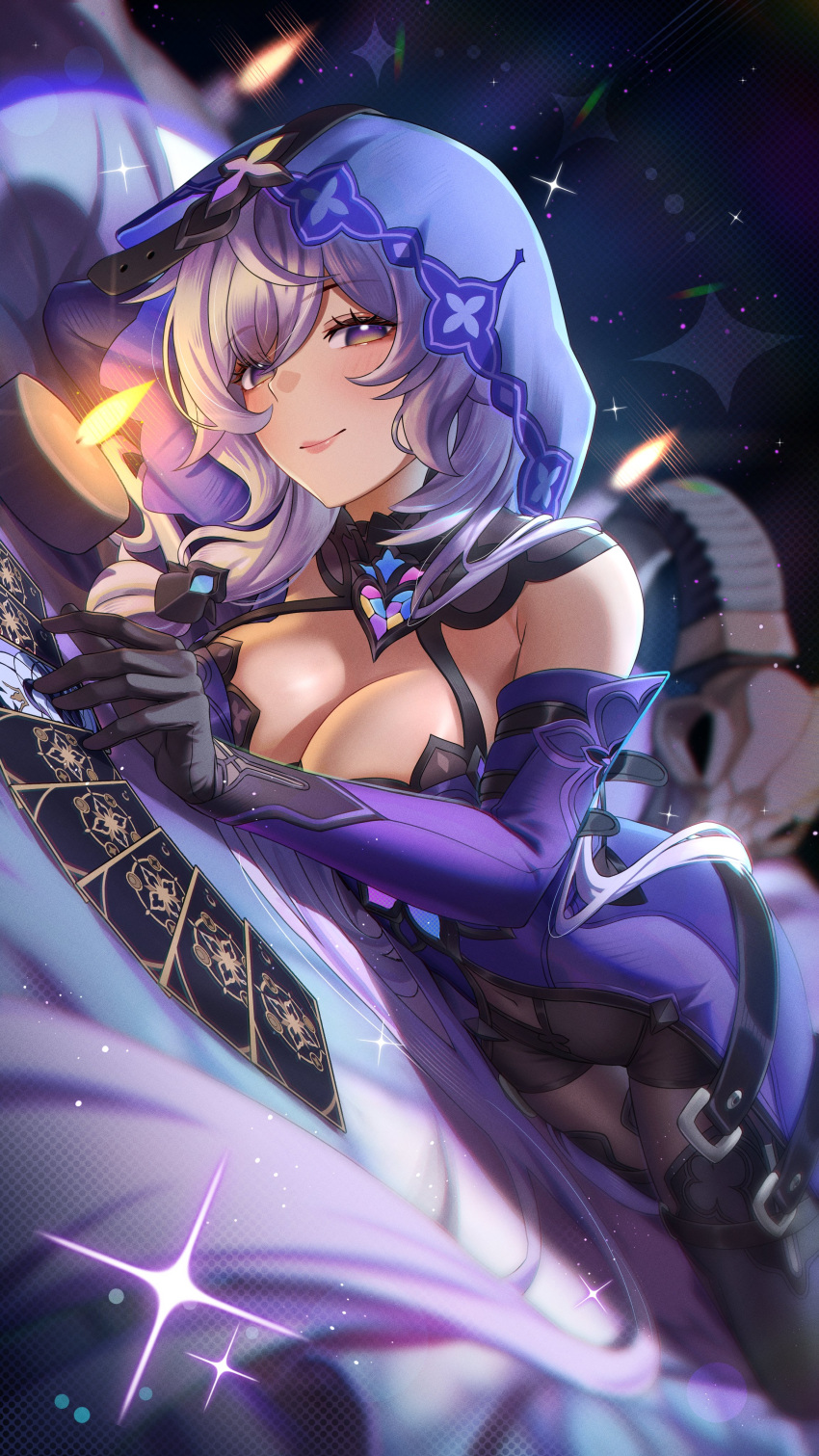 1girl absurdres bare_shoulders black_gloves black_swan_(honkai:_star_rail) breasts candle card cleavage cruzvu elbow_gloves gloves hair_between_eyes highres honkai:_star_rail honkai_(series) large_breasts long_hair looking_at_viewer lying on_side purple_hair sleeveless smile solo tarot tarot_(card) veil very_long_hair