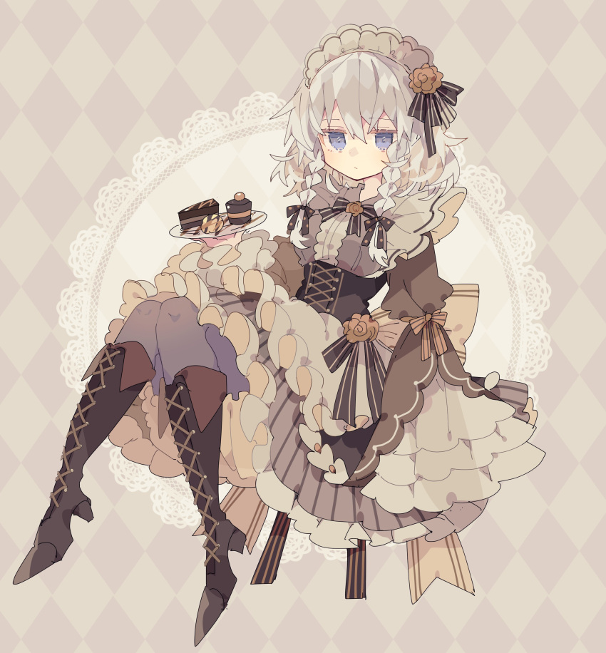 1girl absurdres apron argyle argyle_background black_pantyhose blue_eyes boots braid brown_footwear cake cake_slice closed_mouth doily dress food frilled_apron frilled_dress frilled_sleeves frills full_body grey_dress grey_hair hair_between_eyes highres izayoi_sakuya knee_boots long_sleeves maid maid_apron maid_headdress nikorashi-ka pantyhose short_hair solo touhou twin_braids white_apron wide_sleeves