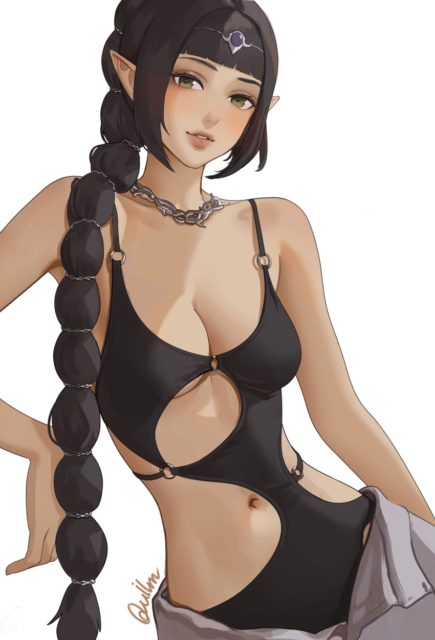 1girl absurdres alternate_costume artist_name baldur's_gate baldur's_gate_3 bare_arms bare_shoulders black_dress black_hair blunt_bangs breasts brown_eyes cleavage contrapposto diadem dress dungeons_and_dragons earrings highres jewelry long_hair medium_breasts multi-tied_hair o-ring quilm revealing_clothes shadowheart_(baldur's_gate) smile solo white_background