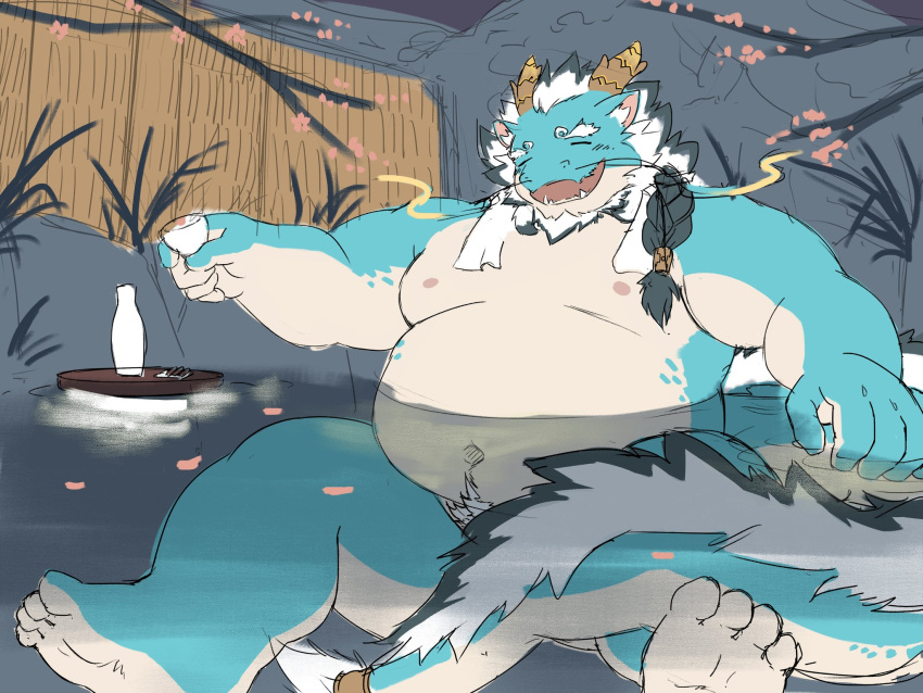 1boy aqua_hair aqua_skin bara beard belly cherry_blossoms chinese_zodiac cup dragon_boy dragon_horns elvendays facial_hair fat full_beard fur-tipped_tail furry furry_male happy highres horns huge_eyebrows light_blush long_mustache male_focus mature_male multicolored_hair navel_hair new_year nipples onsen petals qinglong_(housamo) sakazuki solo spread_legs tail_censor thick_beard tokyo_afterschool_summoners two-tone_beard two-tone_hair unfinished white_hair year_of_the_dragon