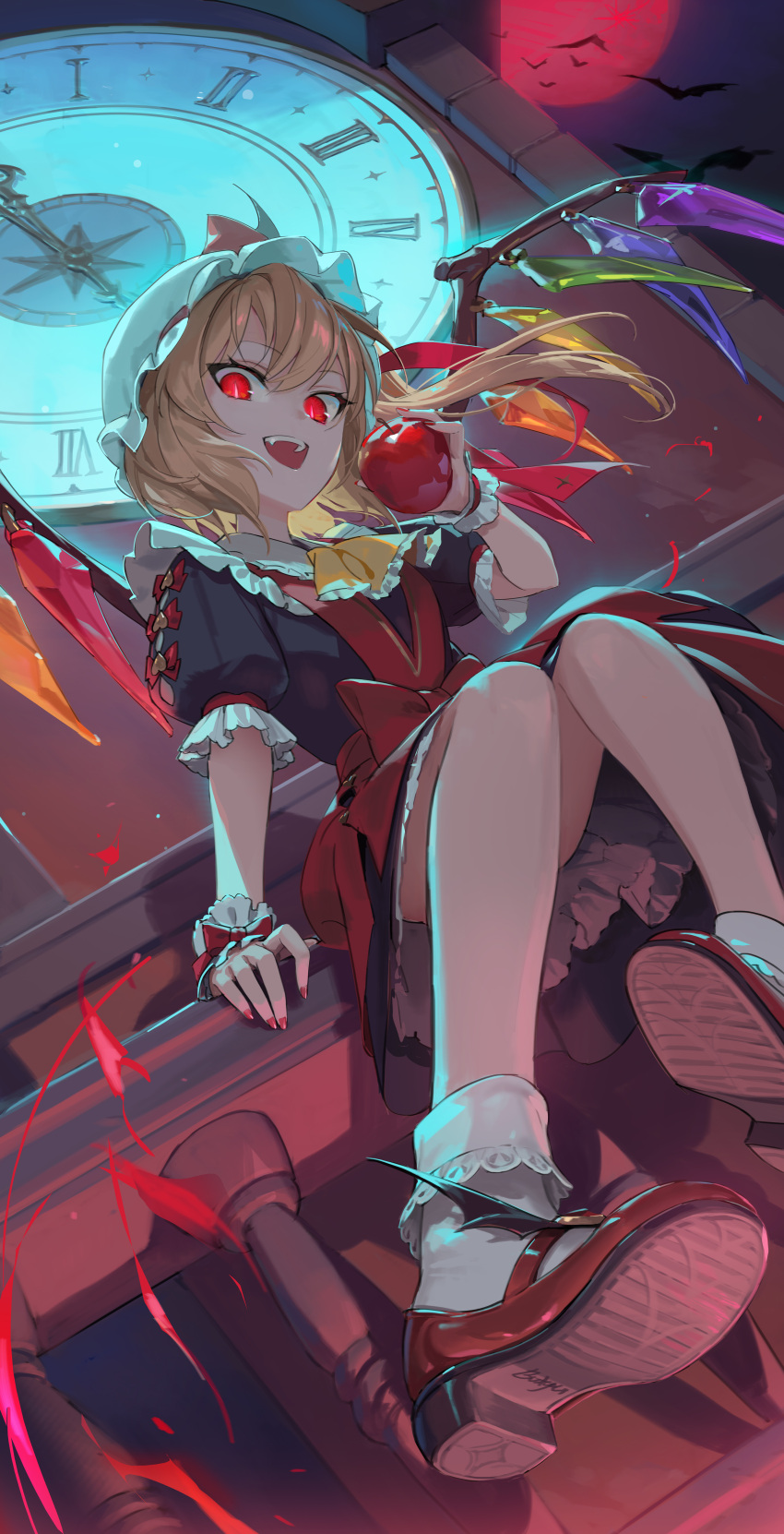 1girl absurdres apple ascot black_dress blonde_hair butyou_(mika1412) clock crystal dress fingernails flandre_scarlet food fruit hat highres holding holding_food holding_fruit long_hair looking_at_viewer mob_cap nail_polish one_side_up open_mouth petticoat red_eyes red_footwear red_nails shoes short_sleeves smile socks solo touhou white_headwear white_socks wings yellow_ascot