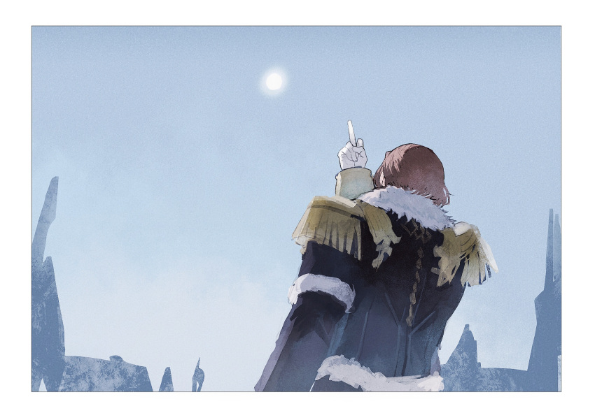 1boy black_coat brown_hair coat cropped_legs emet-selch epaulettes final_fantasy final_fantasy_xiv from_behind fur-trimmed_coat fur_trim gloves highres laoyepo male_focus middle_finger sky skyline sun white_gloves