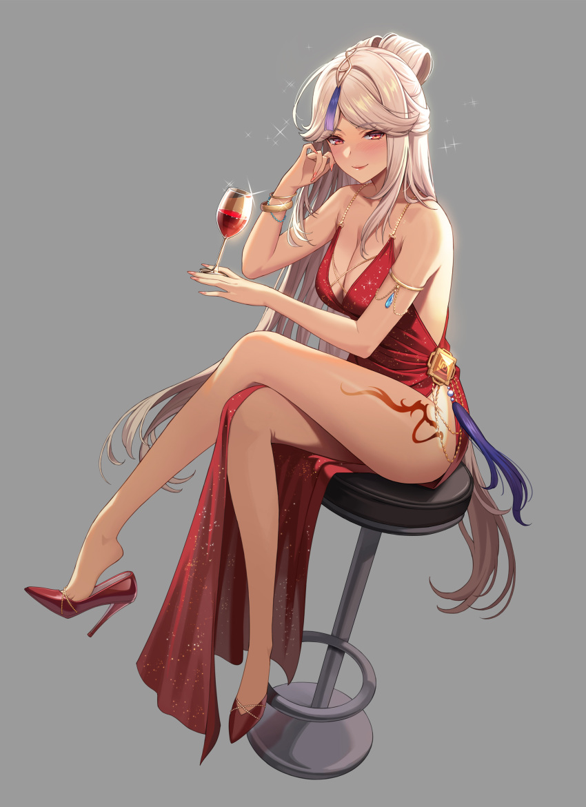 1girl absurdres alcohol armlet bare_arms bare_legs bare_shoulders blush bracelet breasts cleavage commentary_request crossed_legs cup dress drinking_glass genshin_impact grey_background hand_up high_heels highres jewelry long_hair looking_at_viewer medium_breasts ningguang_(genshin_impact) no-ba red_dress red_eyes red_footwear simple_background sitting sleeveless sleeveless_dress solo thighs very_long_hair white_hair wine wine_glass