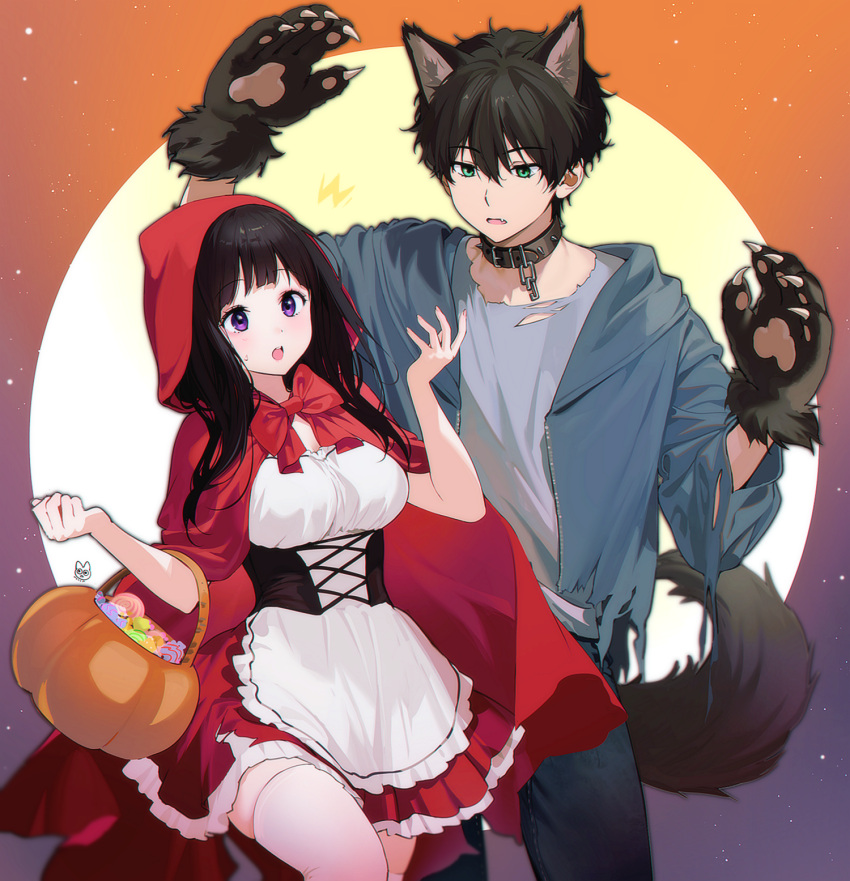 1boy 1girl ^^^ animal_costume animal_ears apron arms_up belt belt_collar big_bad_wolf big_bad_wolf_(cosplay) black_belt black_hair bow breasts chitanda_eru cloak collar corset cosplay cross-laced_clothes denim dress fake_tail fang fingernails full_moon green_eyes halloween halloween_bucket halloween_costume highres hood hooded_cloak hyouka jacket jeans large_breasts little_red_riding_hood little_red_riding_hood_(grimm) little_red_riding_hood_(grimm)_(cosplay) long_hair looking_at_another mery_(yangmalgage) moon open_mouth oreki_houtarou pants purple_eyes red_cloak red_dress shirt short_dress short_hair signature starry_background surprised sweatdrop tail thighhighs thighs torn_clothes torn_jacket torn_shirt waist_apron white_thighhighs wolf_boy wolf_costume wolf_ears wolf_tail zettai_ryouiki