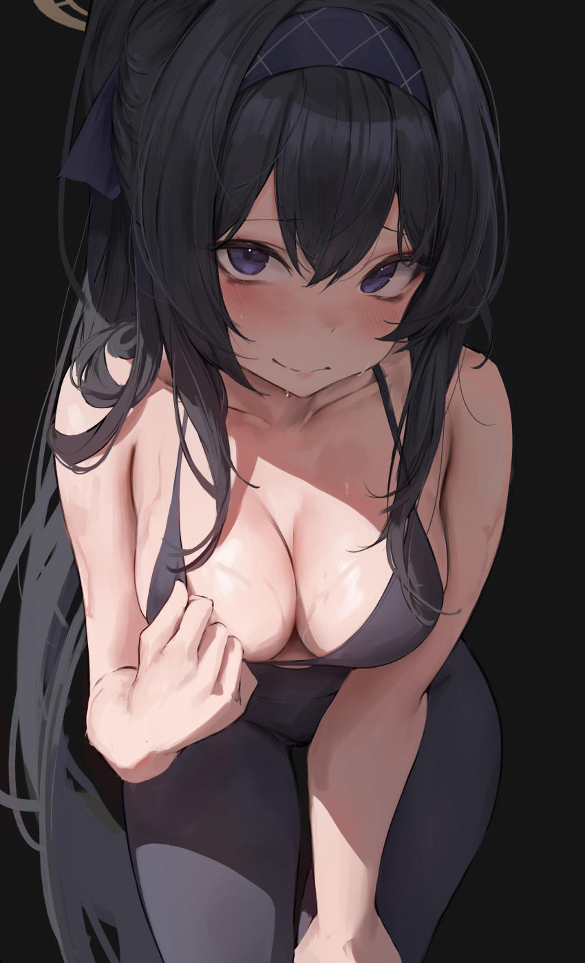 1girl absurdres alternate_breast_size bags_under_eyes black_background black_bra black_hair black_leggings blue_archive blush bra breasts cleavage collarbone feet_out_of_frame halo highres leaning_forward leggings leviathan_(hikinito0902) light_smile long_hair looking_at_viewer medium_breasts ponytail purple_eyes simple_background solo sweat ui_(blue_archive) underwear very_long_hair
