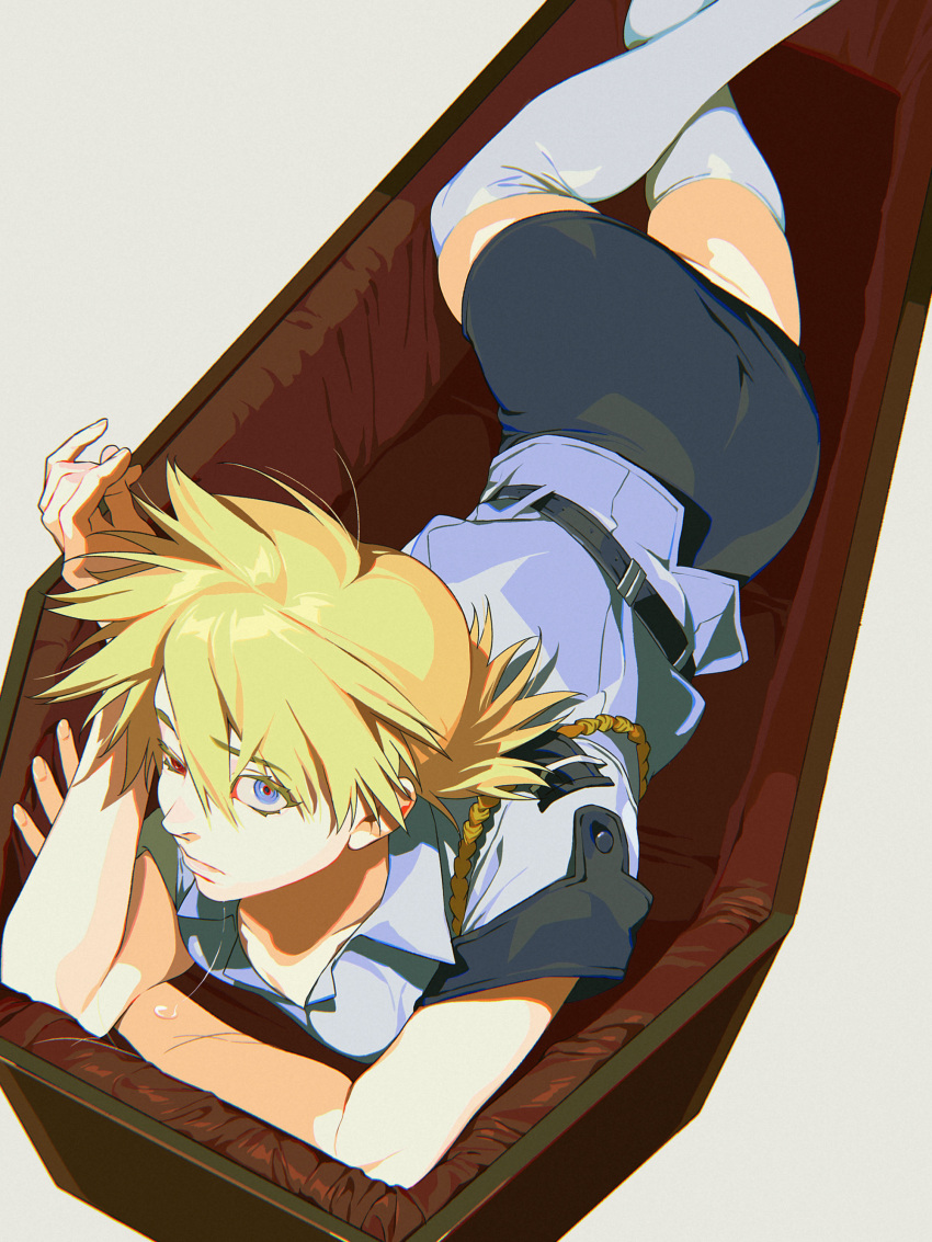 1girl absurdres blonde_hair blue_eyes coffin hellsing highres lying mgong520 on_stomach seras_victoria solo thighhighs uniform white_thighhighs