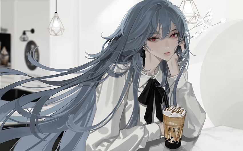 1girl casual commentary_request eriol_s2 fashion fu_hua fu_hua_(herrscher_of_sentience) grey_hair hair_between_eyes hand_on_own_cheek hand_on_own_face highres honkai_(series) honkai_impact_3rd indoors lipstick long_hair long_sleeves looking_at_viewer makeup milk_tea nose official_alternate_costume official_art red_eyes red_hair solo table upper_body