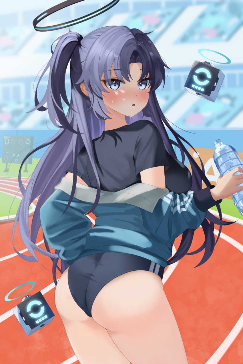 1girl :o absurdres ass black_buruma black_shirt blue_archive blue_eyes blue_hair blush bottle breasts buruma commentary_request day double_vertical_stripe drone gym_shirt gym_uniform halo highres holding holding_bottle jacket looking_at_viewer mechanical_halo medium_breasts official_alternate_costume open_mouth outdoors parted_bangs shirt short_sleeves solo syuma t-shirt thighs track_and_field track_jacket two_side_up water_bottle yuuka_(blue_archive) yuuka_(track)_(blue_archive)