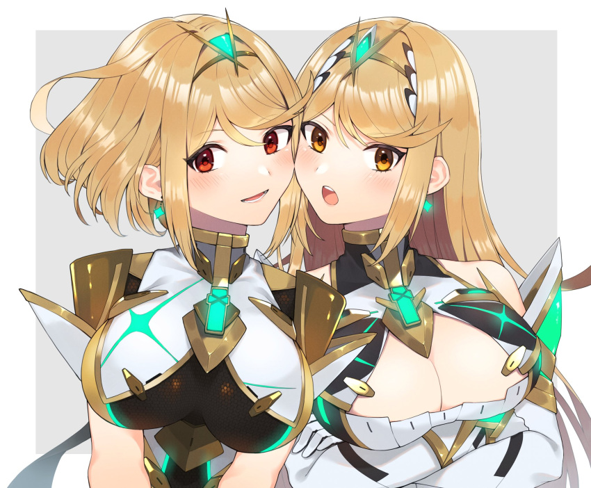 2girls alternate_color bangs bare_shoulders blonde_hair breasts chest_jewel cleavage cleavage_cutout clothing_cutout cosplay elbow_gloves gloves headpiece highres kinagi_(3307377) large_breasts long_hair multiple_girls mythra_(xenoblade) mythra_(xenoblade)_(cosplay) pyra_(xenoblade) red_eyes short_hair swept_bangs tiara very_long_hair white_gloves xenoblade_chronicles_(series) xenoblade_chronicles_2 yellow_eyes