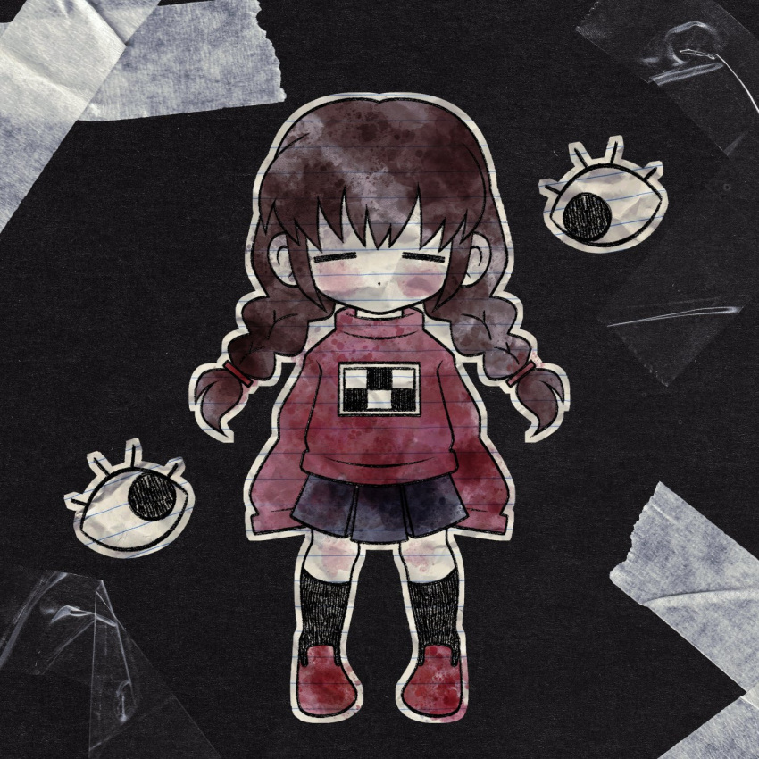 1girl black_background black_skirt black_socks blush braid closed_eyes cryptidhermit dot_nose eyeball eyelashes faux_traditional_media full_body highres lined_paper long_hair long_sleeves madotsuki pink_sweater pleated_skirt red_footwear skirt sleeves_past_fingers sleeves_past_wrists socks solo sweater tape twin_braids yume_nikki