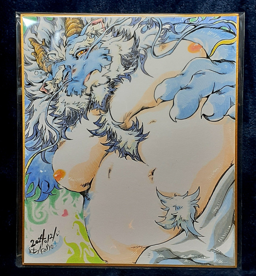 1boy aqua_hair aqua_skin bara beard big_belly blush chest_tuft dated dragon_boy dragon_horns facial_hair fat from_below full_beard furry furry_male heart highres horns huge_eyebrows kano_(kano_to10) large_pectorals long_hair long_mustache looking_at_viewer male_focus marker_(medium) mature_male multicolored_hair navel nipples old old_man pectorals photo_(medium) qinglong_(housamo) shikishi solo thick_beard tokyo_afterschool_summoners topless_male traditional_media two-tone_beard two-tone_hair upper_body white_hair