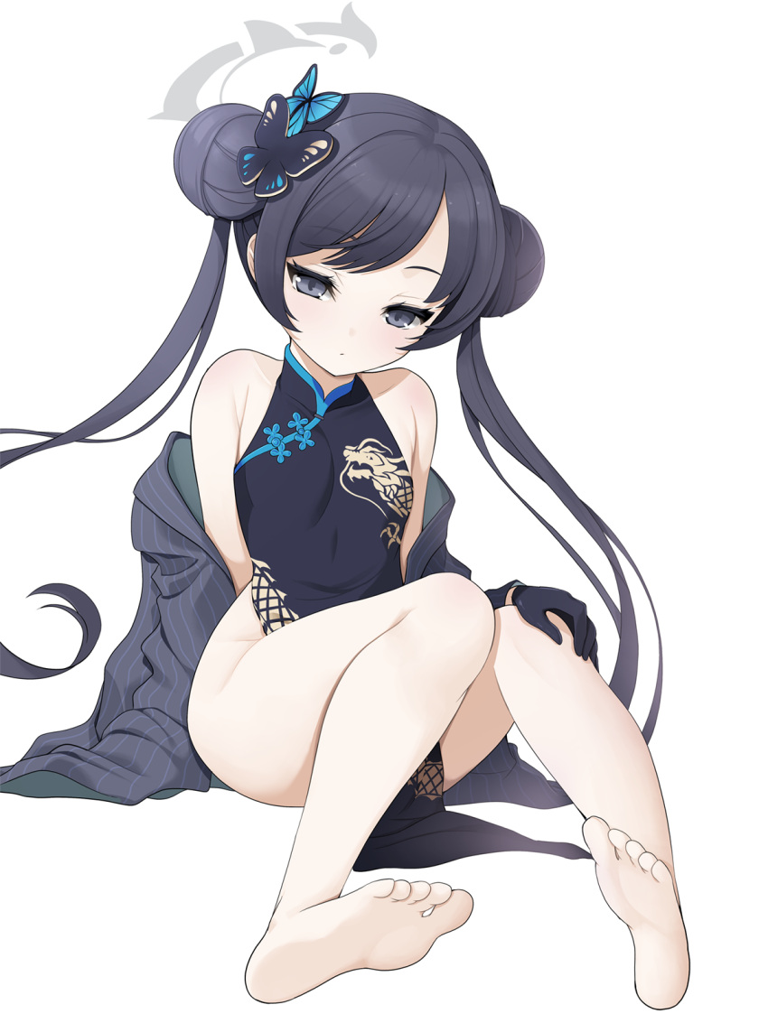 1girl bare_shoulders barefoot black_dress black_gloves black_hair blue_archive blush breasts butterfly_hair_ornament china_dress chinese_clothes coat double_bun dragon_print dress gloves grey_coat grey_eyes hair_bun hair_ornament half_gloves halo highres kisaki_(blue_archive) koflif long_hair long_sleeves looking_at_viewer off_shoulder pelvic_curtain pinstripe_pattern short_dress side_slit sitting small_breasts solo striped_coat twintails