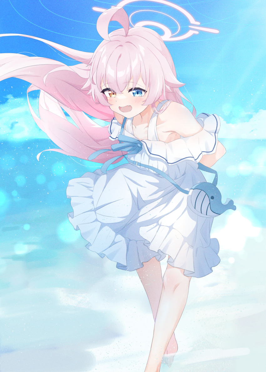 1girl ahoge arms_behind_back bare_legs bare_shoulders barefoot blue_archive blue_eyes blurry blush bokeh depth_of_field dress fang floating_hair halo heterochromia highres hoshino_(blue_archive) long_hair open_mouth outdoors pink_hair shallow_water sky sleeveless sleeveless_dress smile solo u9ffo very_long_hair wading walking water white_dress