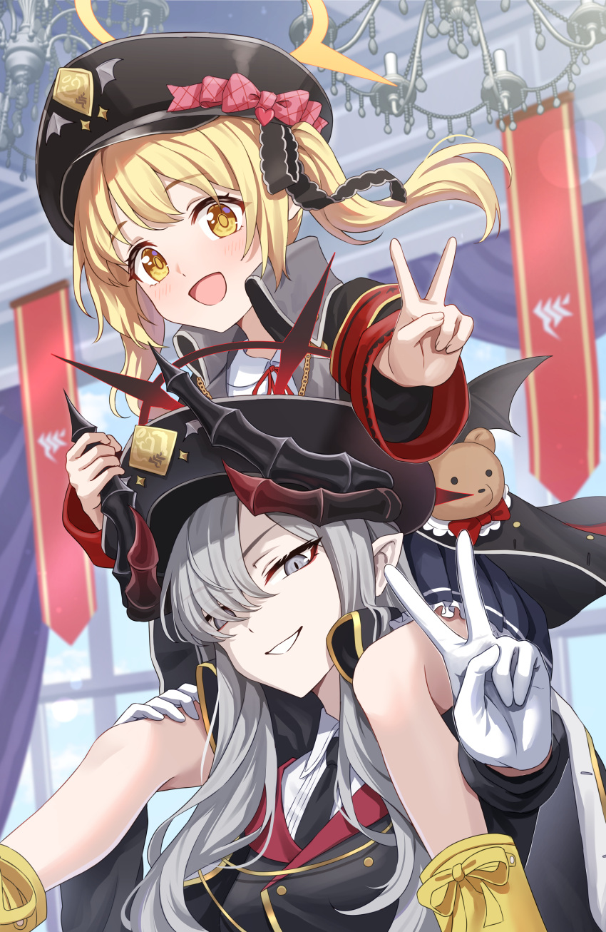 2girls absurdres black_coat black_headwear black_horns black_necktie black_wings blonde_hair blue_archive blush boots coat collared_shirt commentary demon_horns demon_wings gloves grey_eyes grey_hair hair_over_one_eye halo hat highres horns ibuki_(blue_archive) long_hair long_sleeves makoto_(blue_archive) multiple_girls multiple_horns necktie open_mouth peaked_cap pointy_ears red_halo shirt side_ponytail simoumi_217 smile v white_gloves white_shirt wings yellow_eyes yellow_footwear yellow_halo