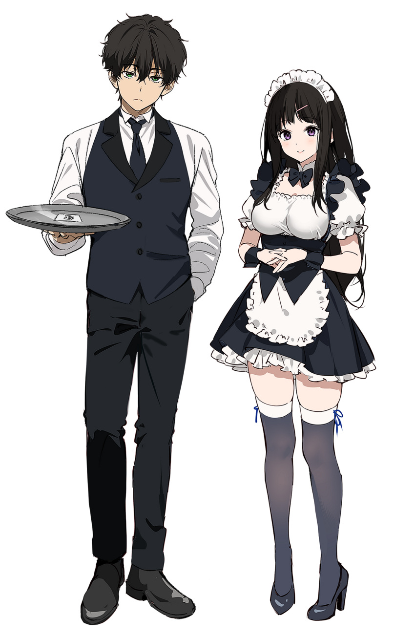 1boy 1girl alternate_costume apron black_dress black_footwear black_necktie black_pants black_shirt black_vest breasts buttons chitanda_eru closed_mouth collared_shirt dot_nose dress enmaided full_body green_eyes hair_ornament hairpin hand_in_pocket highres holding holding_tray hyouka large_breasts long_hair looking_at_viewer maid maid_apron maid_headdress mery_(yangmalgage) necktie oreki_houtarou own_hands_together pants purple_eyes scrunchie shirt shoes simple_background skindentation smile standing thighhighs tray vest waiter white_apron white_background white_shirt white_thighhighs wrist_scrunchie