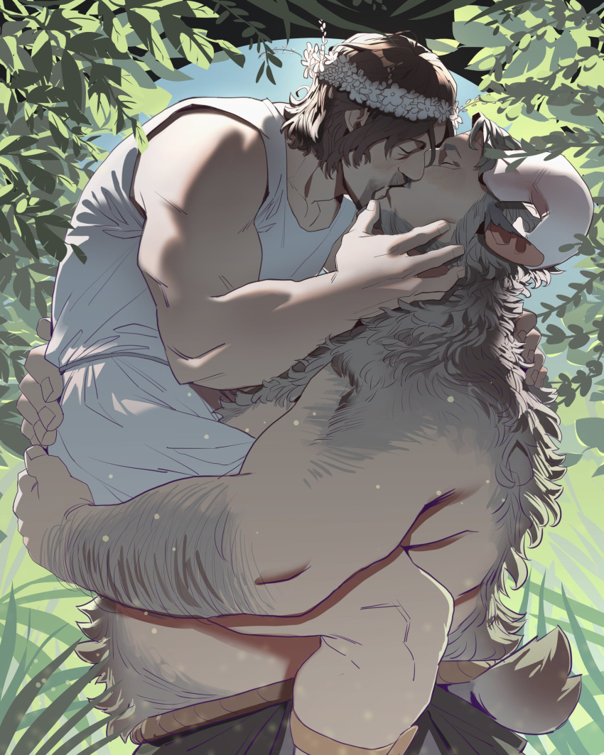 2boys absurdres alternate_universe animal_ears bara beard big_belly body_fur carrying carrying_person closed_eyes couple cowboy_shot deadman_(death_stranding) death_stranding deer_tail elinapires_(lewalrus) facial_hair fat flower_wreath forest from_side full_beard goat_boy goat_ears goat_horns goatee hairy head_wreath highres horns interspecies kiss large_pectorals male_focus mature_male monsterification multiple_boys muscular muscular_male nature pectorals profile sam_(death_stranding) satyr short_hair size_difference tail tank_top thick_back_hair thick_beard thick_chest_hair thick_eyebrows thick_navel_hair very_hairy white_tank_top yaoi