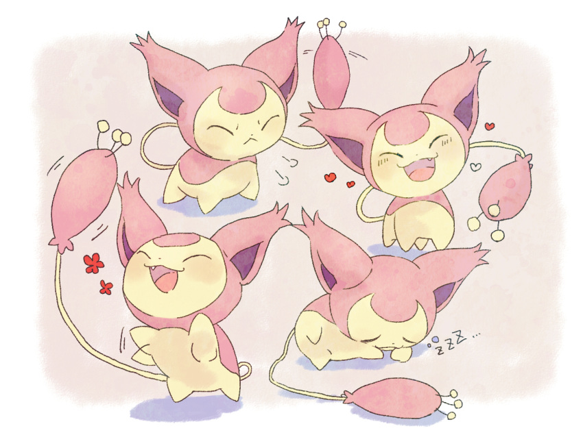 :d =3 blush bubble cat closed_eyes commentary_request fang gen_3_pokemon heart kikuyoshi_(tracco) multiple_views no_humans open_mouth pokemon pokemon_(creature) skitty sleeping smile tongue zzz