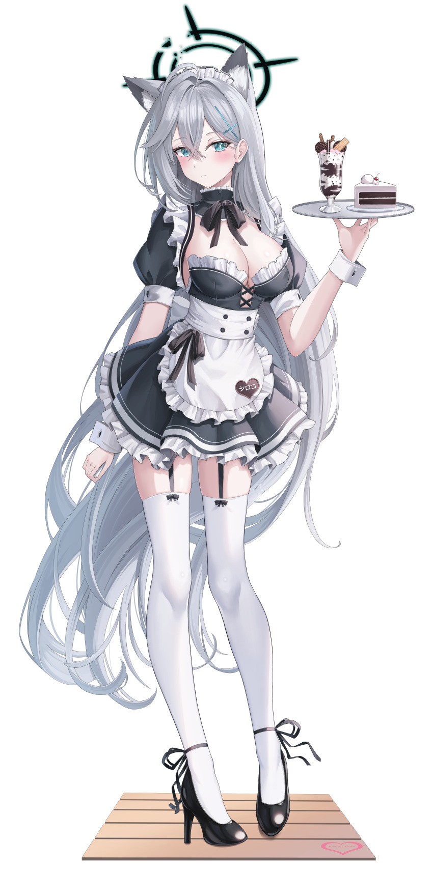 1girl absurdres ahoge alter_(kxk7357) alternate_costume animal_ear_fluff animal_ears black_dress black_footwear blue_archive blue_eyes blush breasts cake cake_slice cleavage closed_mouth cross_hair_ornament dark_halo dress enmaided extra_ears food frilled_dress frills grey_hair hair_between_eyes hair_ornament halo high_heels highres holding holding_tray large_breasts long_hair maid maid_headdress puffy_short_sleeves puffy_sleeves shiroko_(blue_archive) shiroko_terror_(blue_archive) short_sleeves simple_background solo thighhighs tray white_background white_thighhighs wolf_ears wrist_cuffs