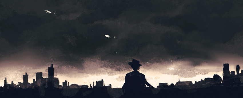 1boy absurdres building ccccl. chinese_commentary city cityscape cloud cloudy_sky commentary fedora hat highres limited_palette male_focus mr._fox_(path_to_nowhere) outdoors path_to_nowhere raincloud silhouette sky skyscraper solo sunrise upper_body