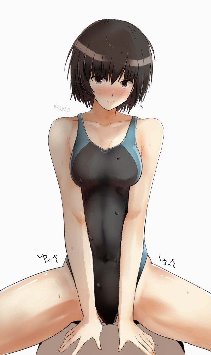 1girl absurdres amagami artist_name black_hair black_one-piece_swimsuit blue_one-piece_swimsuit blush breasts breasts_squeezed_together brown_eyes cleavage collarbone competition_school_swimsuit competition_swimsuit cowgirl_position feet_out_of_frame girl_on_top gyuunyuu_pack_(tanaka) hair_between_eyes hands_on_another's_stomach highleg highleg_swimsuit highres light_smile looking_at_viewer nanasaki_ai nose_blush one-piece_swimsuit pov pov_crotch school_swimsuit short_hair signature simple_background sitting sitting_on_person smile solo_focus spread_legs straddling swimsuit translated two-tone_swimsuit v_arms wet white_background wide_spread_legs
