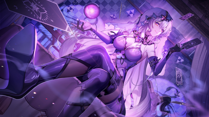 1girl absurdres bare_shoulders black_gloves black_swan_(honkai:_star_rail) breasts card cleavage dress elbow_gloves gloves hair_between_eyes highres holding holding_card honkai:_star_rail honkai_(series) long_hair looking_at_viewer medium_breasts orb purple_dress purple_eyes purple_gloves purple_hair sitting sleeveless sleeveless_dress smile solo urashima_(hidoro_mgmg) veil very_long_hair