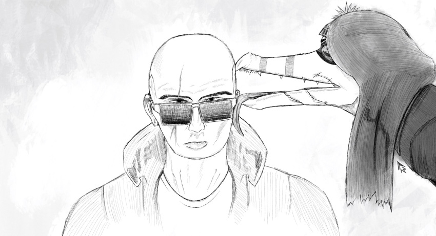 2024 accessory anthro bald bflyswatter black_and_white clothing dinosaur dromaeosaurid duo eyes_closed eyewear female female_on_human flower flower_in_hair hair hair_accessory hi_res human human_on_anthro i_wani_hug_that_gator inco_(iwhtg) interspecies jacket licking licking_head long_hair long_snout lunara_(iwhtg) male male/female male_on_anthro mammal monochrome open_mouth plant reptile scalie scar sharp_teeth sketch snout sunglasses teeth theropod tongue tongue_out topwear velociraptor wolfenstein