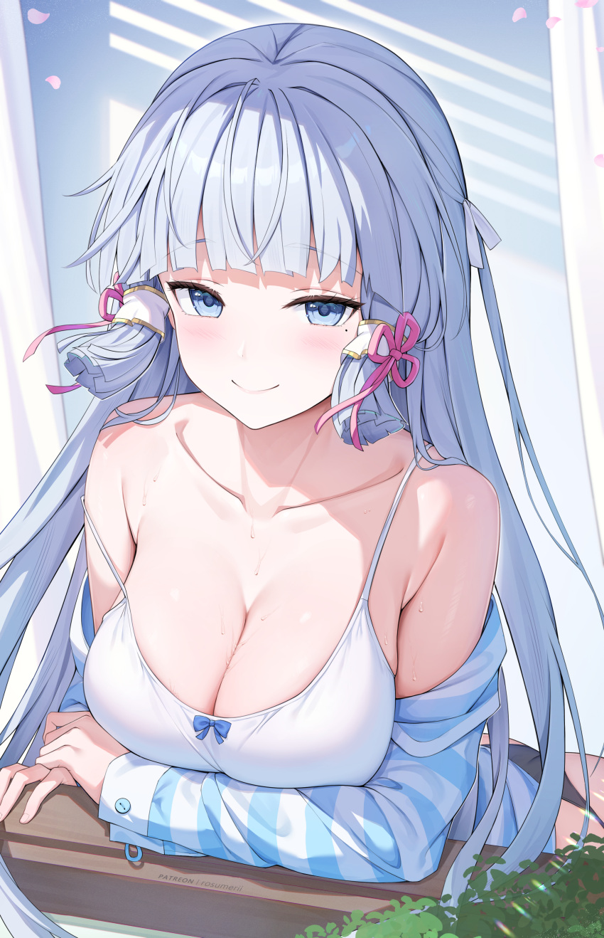 1girl absurdres blue_eyes blunt_bangs breasts camisole cleavage collarbone genshin_impact highres kamisato_ayaka large_breasts long_hair long_sleeves looking_at_viewer mole mole_under_eye rosumerii smile solo spaghetti_strap strap_slip striped_clothes upper_body white_camisole white_hair
