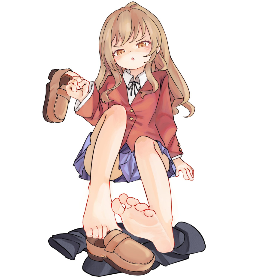 1girl aisaka_taiga angry bare_legs barefoot blush chaosexceed feet highres holding_shoe long_hair open_mouth pleated_skirt school_uniform shoes simple_background sitting skirt soles toes toradora! tsundere unworn_shoes unworn_socks v-shaped_eyebrows white_background