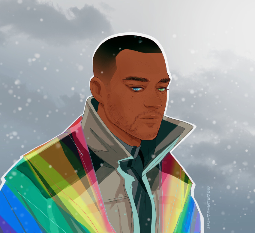 1boy absurdres babu_(babushkahihi) blue_eyes buzz_cut dark-skinned_male dark_skin detroit:_become_human expressionless facial_hair flag_around_neck half-closed_eyes highres lgbt_pride looking_at_viewer male_focus markus_(detroit) mature_male mustache_stubble portrait rainbow_flag short_hair snowing solo sparse_stubble stubble thick_eyebrows very_short_hair