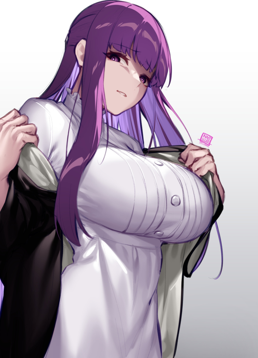 1girl absurdres black_robe breasts dress fern_(sousou_no_frieren) highres izulizuru large_breasts long_hair looking_at_viewer purple_eyes purple_hair robe sidelocks signature simple_background solo sousou_no_frieren taut_clothes taut_dress undressing very_long_hair white_background white_dress