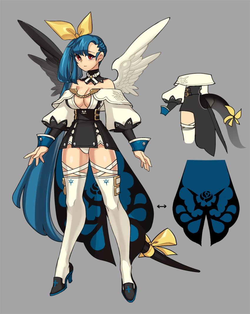 1girl alternate_costume alternate_hairstyle angel_wings asymmetrical_wings bare_shoulders belt blue_hair bow braid breasts cleavage cross crown_braid detached_sleeves dizzy_(guilty_gear) grey_background guilty_gear hair_bow high_heels highres large_breasts long_hair noon red_eyes redesign side_ponytail solo tail tail_bow tail_ornament thigh_strap thighhighs white_legwear wings yellow_bow