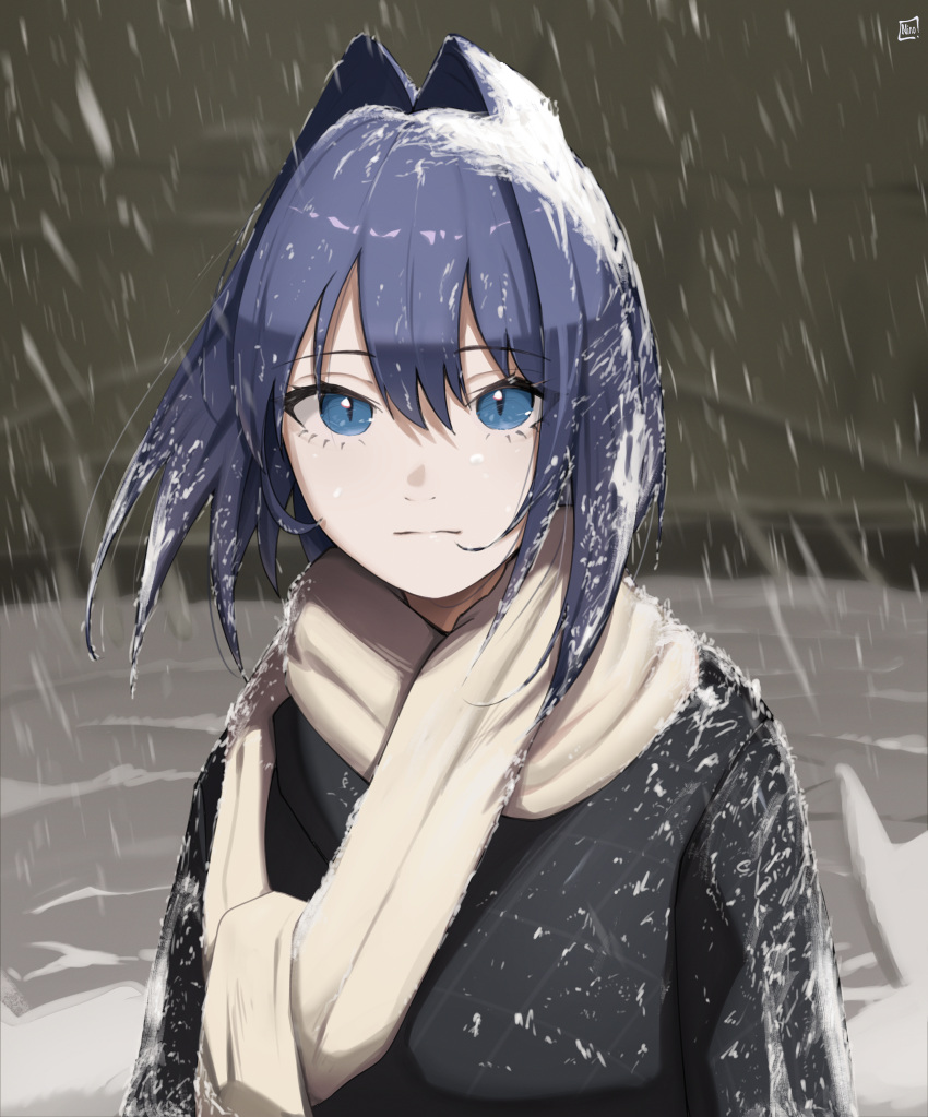 1girl absurdres black_coat blue_eyes blue_hair coat highres hololive hololive_english husbant_(meme) looking_at_viewer meme night o22no ouro_kronii outdoors scarf short_hair slit_pupils snow snow_on_body snow_on_head snowing solo white_scarf winter