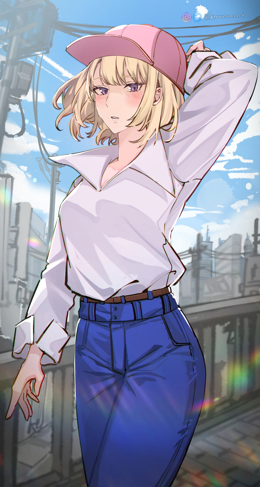 1girl absurdres arm_behind_head belt blonde_hair blurry bob_cut casual cha_hae-in cloud cloudy_sky collared_shirt denim depth_of_field hat highres instagram_logo instagram_username jeans knownameart looking_at_viewer pants parted_lips peaked_cap power_lines purple_eyes rainbow shirt short_hair sky solo solo_leveling twitter_logo twitter_username