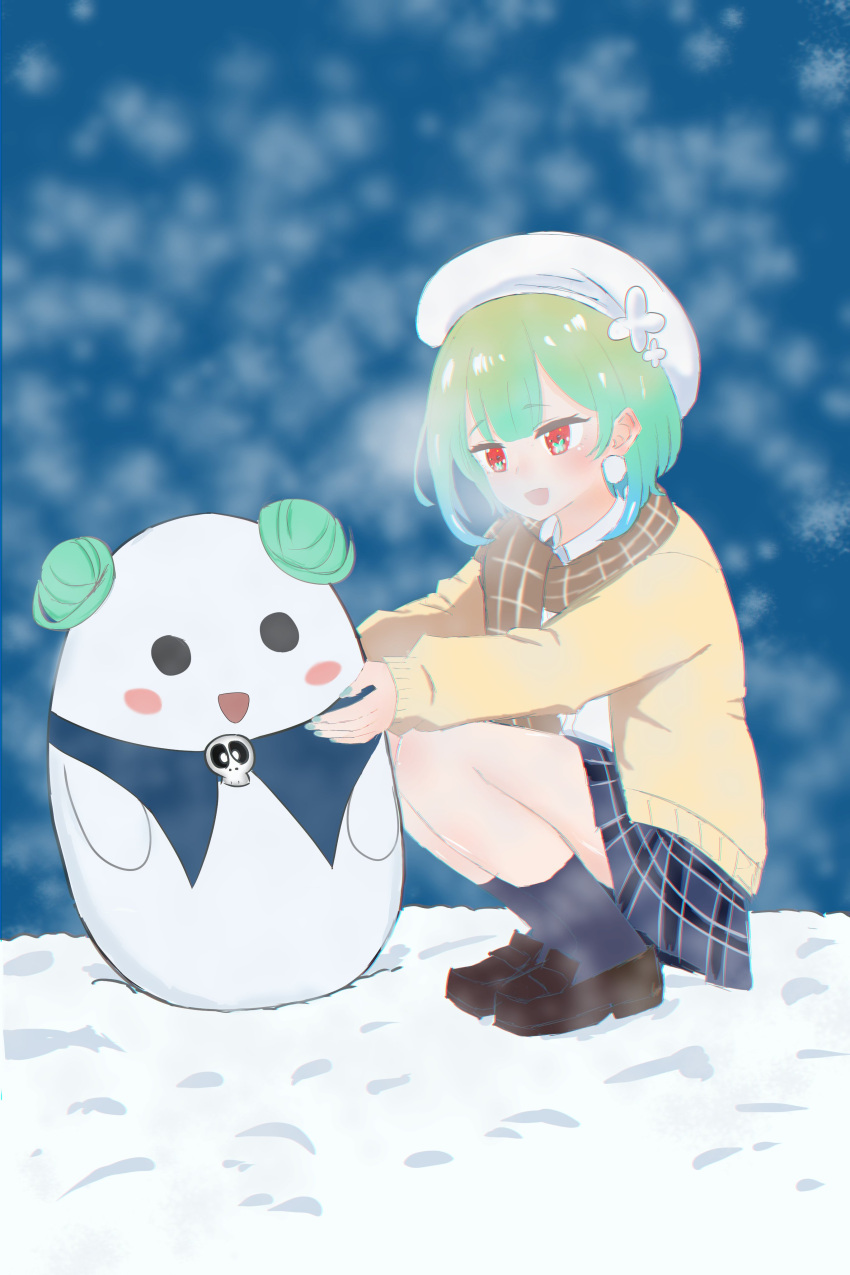 absurdres brown_cardigan cardigan green_hair highres hololive kuronagirai pleated_skirt red_eyes scarf short_hair skirt snowing squatting uruha_rushia uruha_rushia_(school_uniform) winter